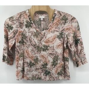 J Jill Love Linen Pink Tropical Leaf Print Blouse Women's Med Petite 100% Linen